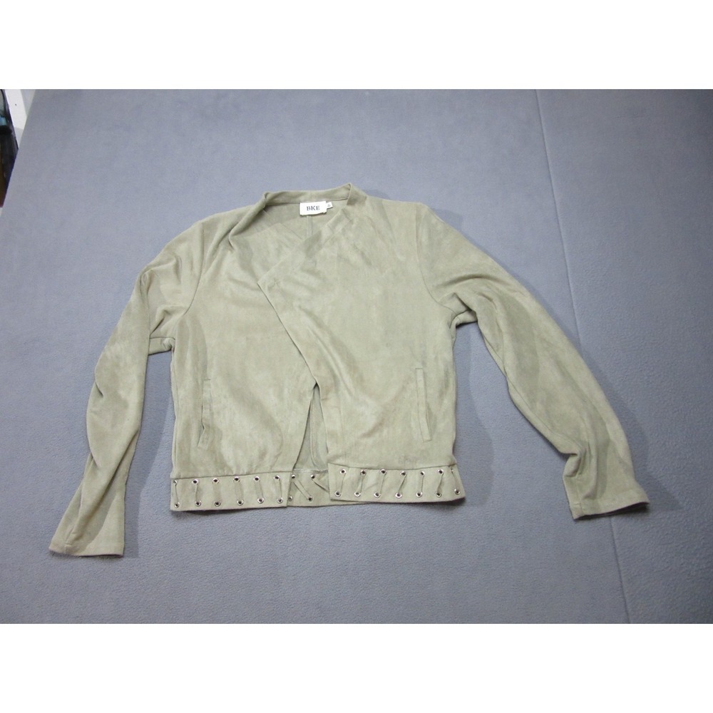BKE Jacket Womens Large Beige Soft Faux Suede Open Front Eyelet Lace Up Hem